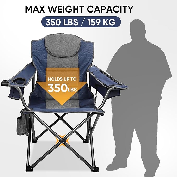 Colorsoul Oversized Camping Chair, Padded Portable Camping Chairs with Cup Holder, Cooler Bag and Shoulder Straps, Heavy Duty Outdoor Folding Chair for Camping, Beach, Fishing, Support 350 LBS, Blue