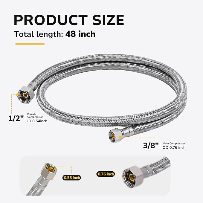 48" Faucet Supply Line, 3/8 inch Comp x 1/2 inch FIP Faucet Connector, Braided Stainless Steel Faucet Hose for Bathroom Sink and Kitchen, Leak-Resistant cUPC Certified Water Supply Line, 2 Pack