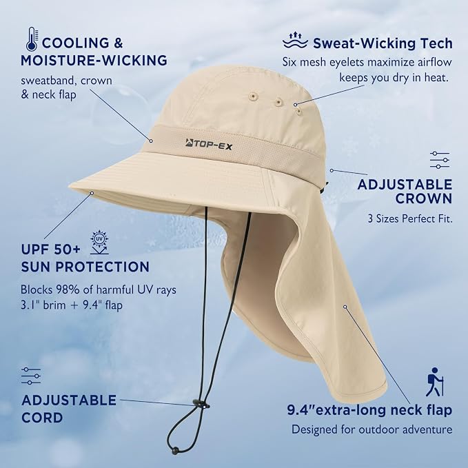 TOP-EX Cooling Sun Hat with Neck Flap – UPF 50+ Wide Brim Breathable Hat for Hiking, Fishing & Big Heads