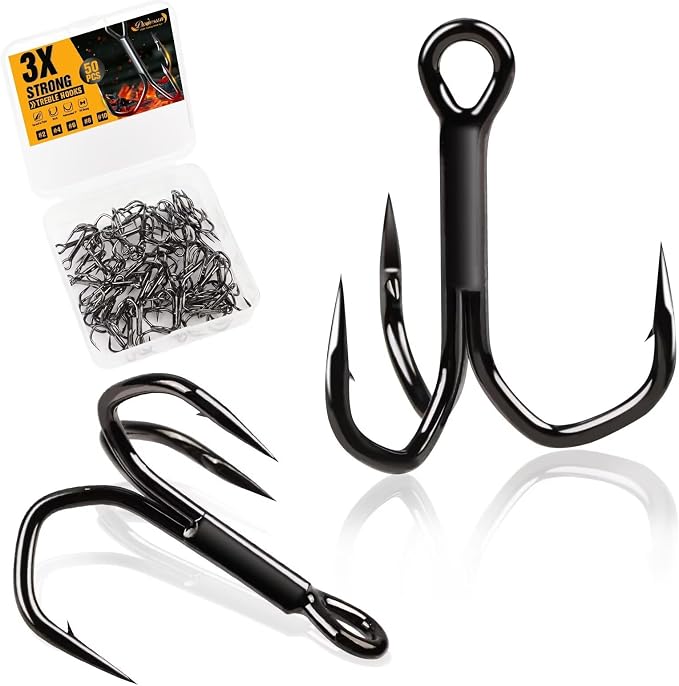 Dovesun Fishing Treble Hooks, Triple Hooks 3X Strong Professional V, 50PCS High Carbon Steel Replacement Fishing Hooks for Saltwater and Freshwater, Sizes #10#8#6#4#2