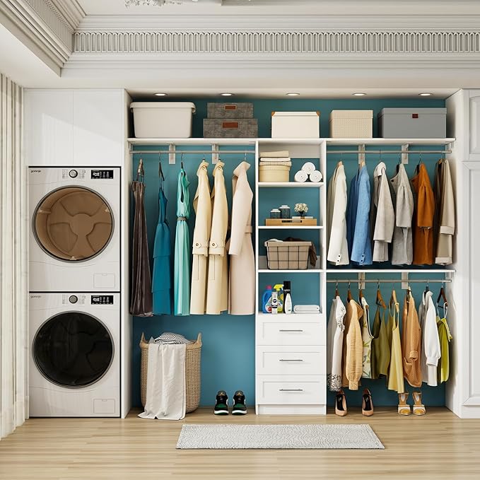 96 inch Closet System with Wooden Drawers, 5FT-8FT Closet Organizer System with Shelving Tower, Walkin Closet System with Expandable Hanging Rods & Movable Shelves, Wall Mount, 96”*14.8”*81”,White
