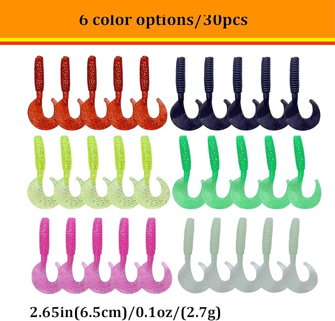 WOLFSKIN Soft Fishing Lures 36pcs Soft Plastic Baits Set Curly Tail Swimbaits with jig Head Hooks 6 Colors of Curly Tail Worms Grubs for Crap Bass Trout Walleye Freshwater Saltwater