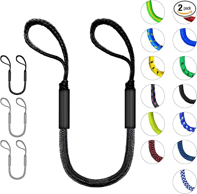 2-Pack Bungee Dock Lines for Boats with Loops, Boat Tie Downs for Docking, Adjustable Boat Mooring Rope for Pontoon, Jon Boat & PWC (Black, 4 FT)