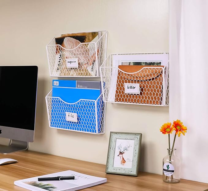 PAG 3 Pockets Hanging File Holder Wall Mount Mail Organizer Metal Chicken Wire Magazine Rack with Tag Slot, White