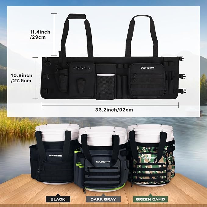 Boomistry Fishing Bucket Organizer for 5 Gallon Bucket Accessories, Fishing Tackle Bag with Adjustable Buckle, Fishing Rod Bag with 15 Multi-Pockets for Fishing Gear and Equipment (Black)