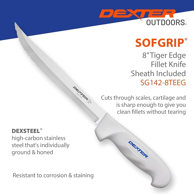 Dexter Outdoors 8" SOFGRIP Tiger Edge Scalloped Knife | Includes Edge Guard | High-Carbon American Stainless Steel Blade | Resists Corrosion | Comfortable, Slip-Resistant Handle | Made in USA