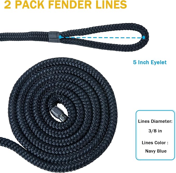 2 Pack 3/8'' x 6' Boat Fender Lines for Mooring, Docking Ties & Small Boat,Premium Marine- Grade Double Braided Nylon Boat Rope with a 5" Eyelet,Anti-Wear & Weather-Resistant-Navy Blue