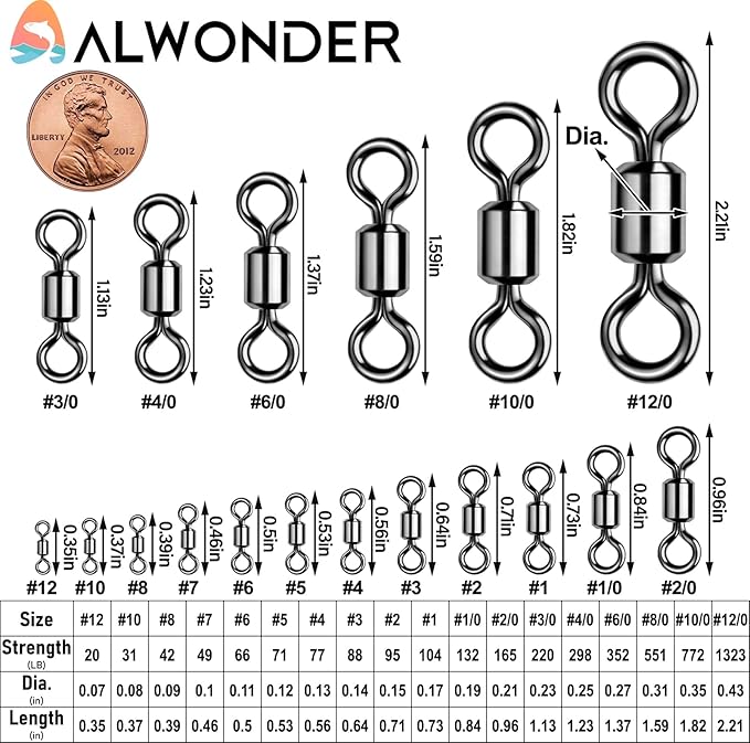 Alwonder Fishing Barrel Swivels 20 to 50-Pack Swivels Fishing Tackle Freshwater Saltwater Swivel Rolling Swivel Heavy Duty Black Nickel Stainless Steel Lures Leaders Line Connectors Terminal Tackle