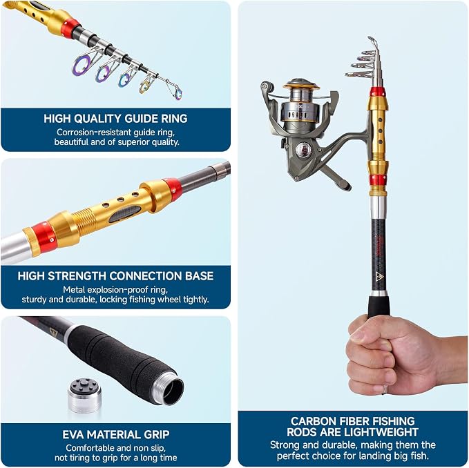 CastX Professional Telescopic Fishing Rod and Reel Combo, Carbon Fiber with EVA Grip, Spinning Reel, Carrying Case, Saltwater Freshwater Fishing Kit with Tackle