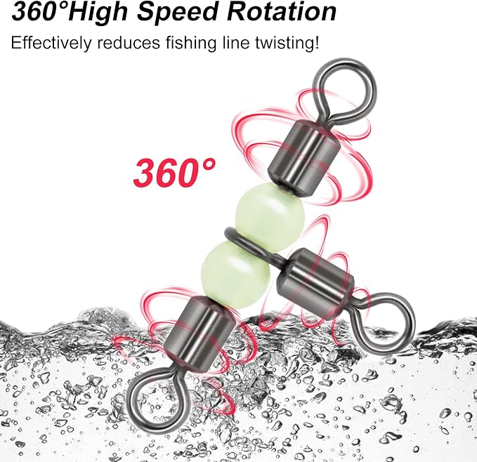 Goture Fishing Swivels, 3 Way Swivels Fishing Tackle, T Shape Cross Line Rolling Swivels with Luminous Beads Saltwater Freshwater,Three Way Fishing Swivels Barrel Swivels for Catfish Rig Surf Rig