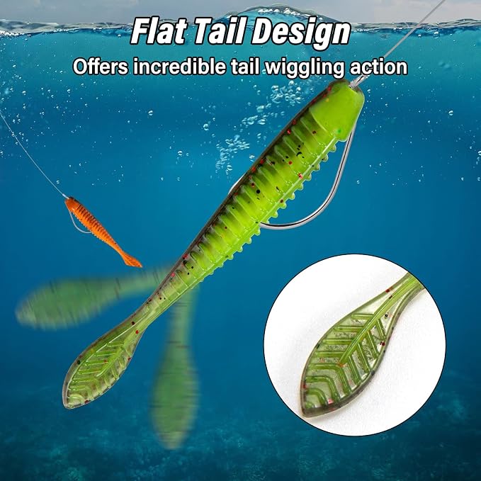 Dr.Fish 20 Pack Soft Worm Fishing Lures Flat Tail Soft Plastic Bass Fishing Bait Drop Shot Bait Freshwater Crappie Walleye Panfish