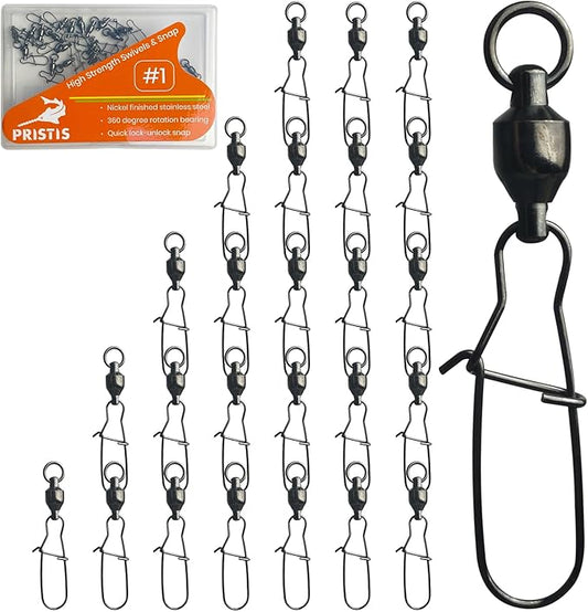 Pristis 25 Pack High Strength Fishing Snap & Swivels, Ball Bearing with Coastlock Snap, Saltwater Corrosion Resistant Connector, Fresh Water Heavy Duty Black Nickel Finish Tackle Kit for Bass Perch