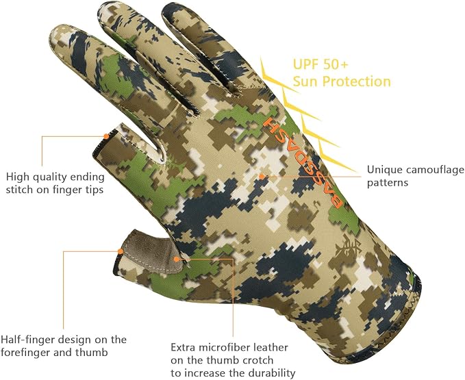 BASSDASH Unisex Fingerless Camo Hunting Gloves for Men's Women's Early Season Warm Weather UPF 50+ Lightweight Fishing Photography HG03