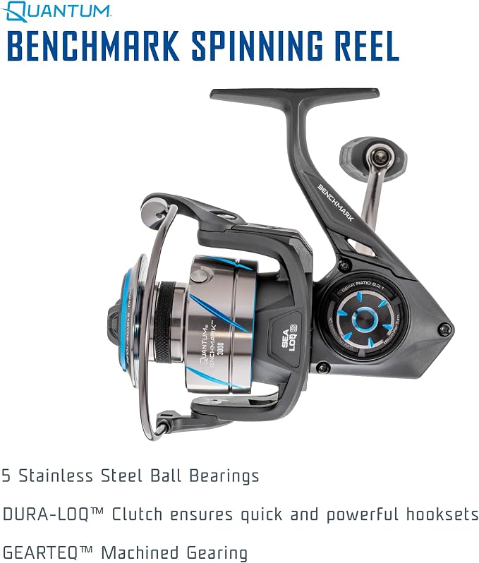 Quantum Benchmark Spinning Fishing Reel, 5+1 Bearings, Aluminum Frame, SEALOQ 6 Protection, GEARTEQ Machined Gears, CFX200 Carbon Fiber Drag, Silver/Blue