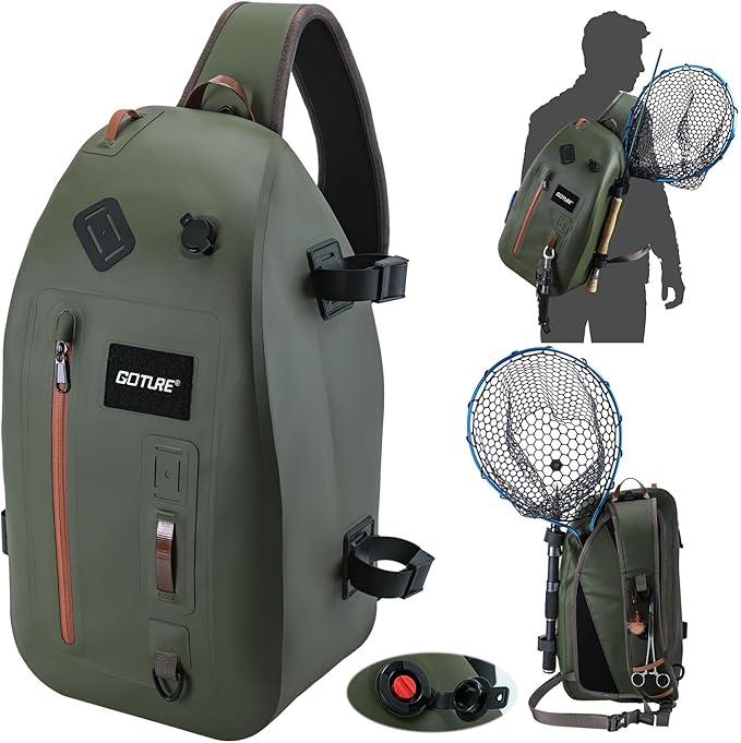 Goture Waterproof Fly Fishing Sling Pack, IPX8 840D TPU Fishing Sling Bag, 13L Tackle Backpack with Rod Holder,Airtight Zipper,Exhaust Valve,Adjustable Strap for Kayaking,Wadering,Hiking
