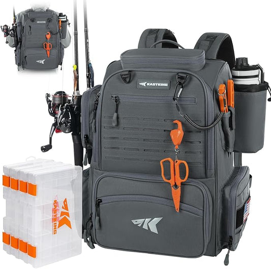 KastKing Bait Boss Fishing Tackle Backpack with Rod Holders-4 Tackle Boxes-Rain Cover,Storage for Fishing Gear