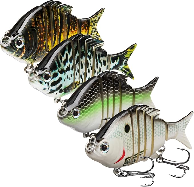Bassdash SwimPanfish 2.5”/0.34oz Hard Bluegill Swimbaits Multi Jointed Topwater Trout Bass Fishing Crank Lure,Pack of 4