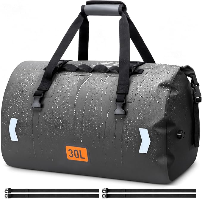 OCKLILY Waterproof Dry Bag, 30L Roll-top Motorcycle Tail Bag with Air Valve & Quick-fixed Straps, Travel Duffle Bags for Kayaking Paddle Boarding Rafting Boating Camping Riding Fishing - Grey