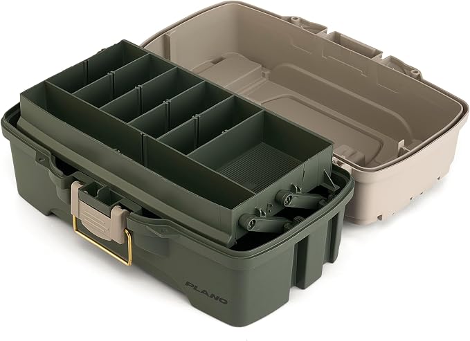 Plano One-Tray Tackle Box, Green/Tan, Rust-Proof Brass Latch, Top-Access Tray with Deep Storage, Made in the USA, Portable Fishing Gear Storage Organizer