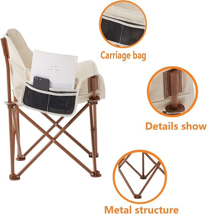 Portable Lightweight Camping Chair, Foldable Chair with Carry Bag and Side Pocket, Compact Outdoor Chair for Camping Essentials Hiking Fishing Beach Picnic (Khaki)