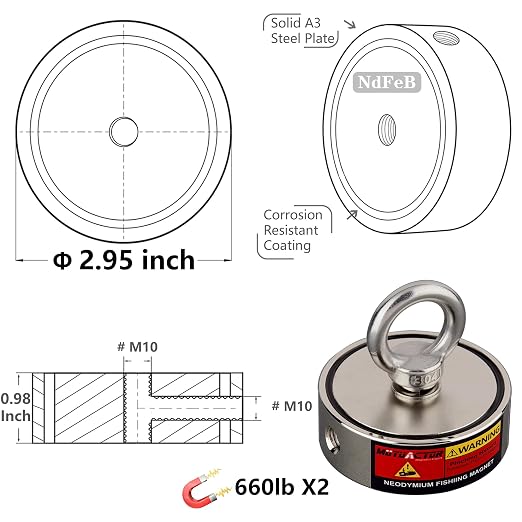 MUTUACTOR Fishing Magnet Kit Heavy Duty, Double Sided 1320lbs Rare Earth Magnets with 65Ft Salvage Rope, Super Strong 2.95”x0.98” Neodymium Magnet Fishing Kit for Retrieving Treasure in River