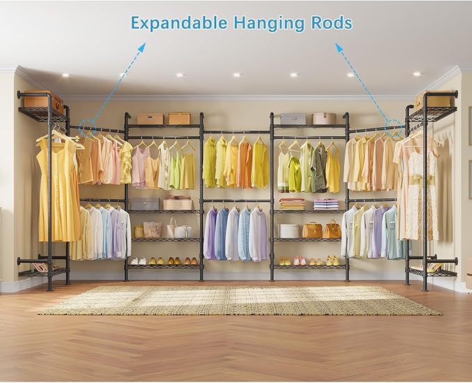 Timate U3 U Shape Garment Rack Heavy Duty Clothes Rack for Hanging Clothes, Expandable Industrial Pipe Clothing Rack Wall Mounted Closets L Shaped Wardrobe Closet System, Large Closet Kit, Black