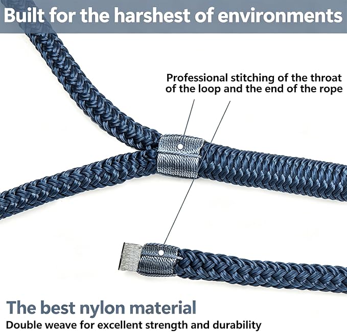 4 Pack 3/8" x 15’ Boat Dock Lines for Boat & Pontoon, Premium Marine- Grade Double Braided Nylon Dock Line, Pre-Spliced with a 12" Eyelet-Navy Blue,Boating Gifts for Men