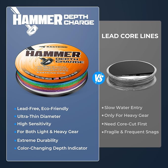 KastKing Hammer Depth Charge Weighted Fishing Line- Made in The USA, Lead-Free Fast Sinking 9-Carrier Braided Fishing Line, Nano Bismuth Coated Saltwater Trolling Line, Color Changes Every 10 Yards