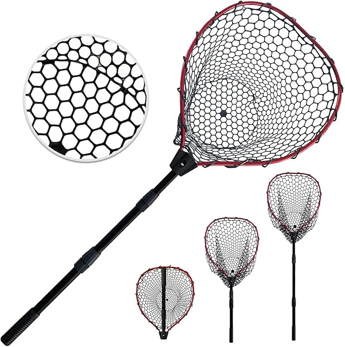 Telescoping Metal Lock Fishing Net with Handle Red Green 64" 52" Rubber Fish Net - Adjustable Length Lightweight Foldable Large Big Collapsible Extendable Fishing Net
