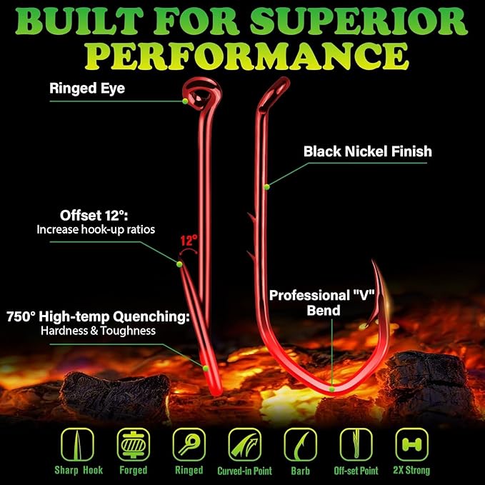 LUCKYFISHING Baitholder Fishing Hooks Saltwater Freshwater 100/80/70/60pcs Professional V Bait Holder Hooks for Bass Trout Crappie Soft Live Baits Black Red with Size 1 2 4 6 8 1/0-6/0