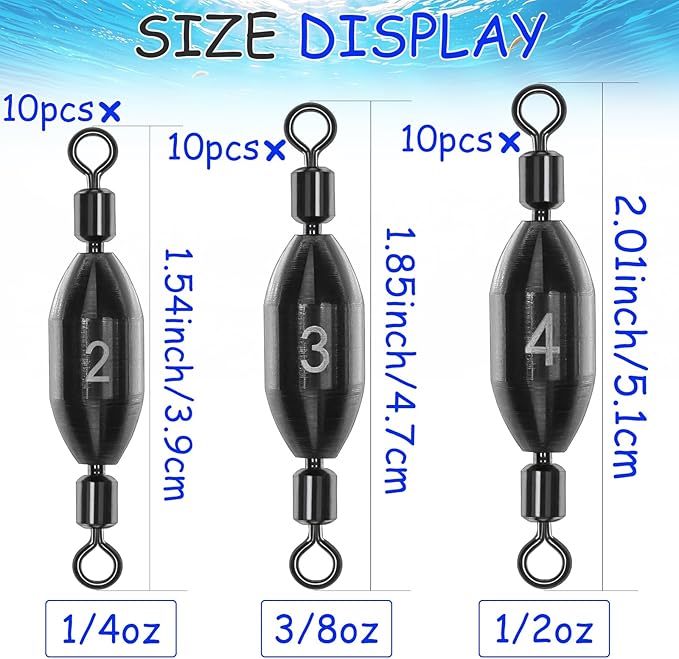 Fishing Weights Swivel Bullet Sinkers Brass Fishing Weights Saltwater Freshwater Bass Sinker Weight with Swivel Rolling 1/4oz, 1/8oz, 1/16oz，1/32oz, 3/8oz, 1/2oz