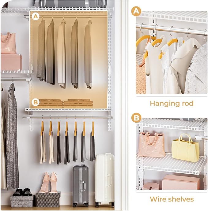 Wire Closet Organizer System, Wall Mounted 4.4 Ft. Custom Closet Kit for Bedrooms, Adjustable Storage Shelves for Clothes, Shoes, and Handbags