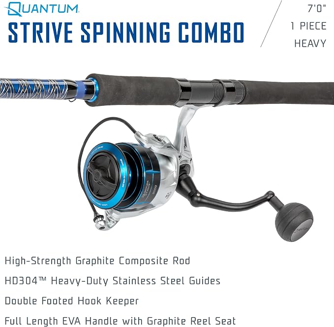 Quantum Strive Spinning Reel and Fishing Rod Combo, Graphite Composite Blank, 4+1 Bearings, Silver/Blue