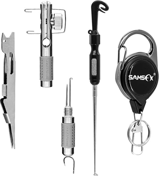 SAMSFX Fishing Stainless Steel Hook Tier, Knot Tying Tool, Loop Tyer, Hook Remover and Zinger Retractors Combo