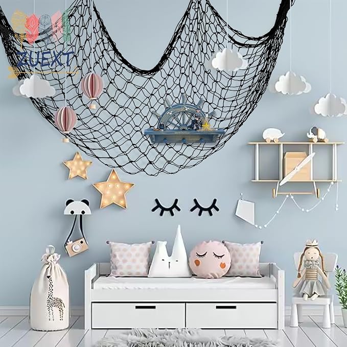 ZUEXT Decorative Fishing Net 80x40 Inch, Large Black Picture Fish Net, Wall Photo Hanging Fishnet for Nautical Mermaid Pirate Ocean Themed Hawaii Beach Under The Sea Party Decorations