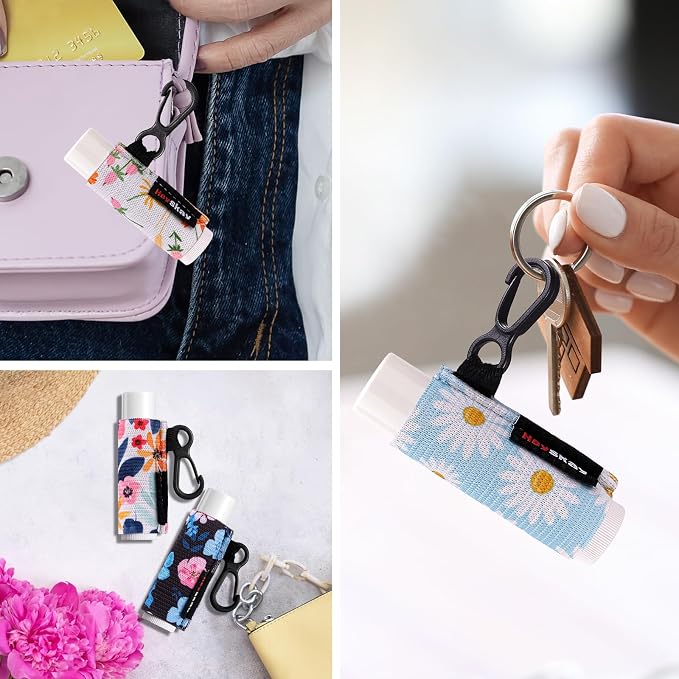 HEYSKAY 5PCS Lip Balm Holder Sleeves Keychain Compact Clip On Lipstick Holder Chapstick Holder Lip Gloss Holder Keychain Chapstick Elastic Sleeves, Flowers