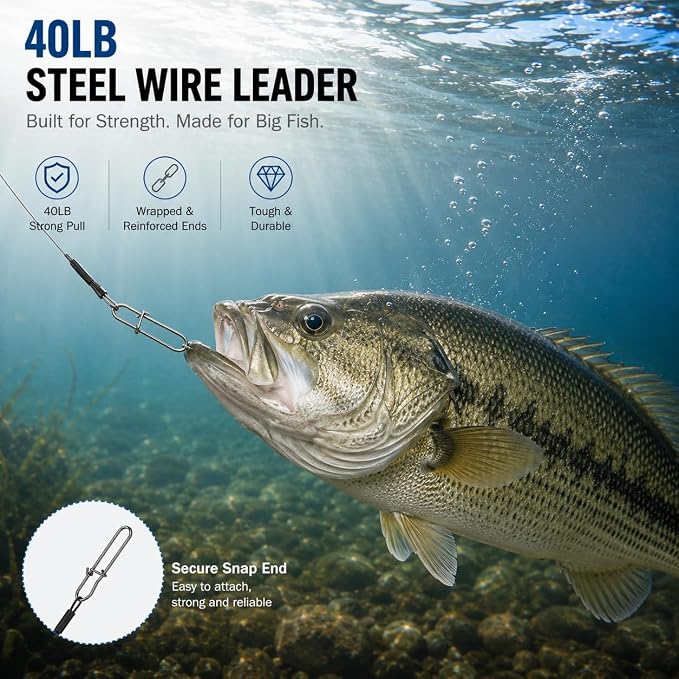 Stainless Steel Fishing Wire Leaders, Black Coated & Uncoated Options, Heavy Strength 31–100LB, 6–21in Multi Sizes with Rolling Swivels Snaps for Salt Fresh Water Shark Pike Barracuda