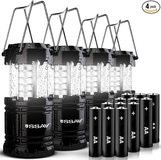 SSAV LED Camping Lantern, Emergency Lanterns for Power Outages & Hurricane Preparedness, Collapsible Portable Survival Lights for Camping, Storms & Emergencies, Batteries Included (4, Black)