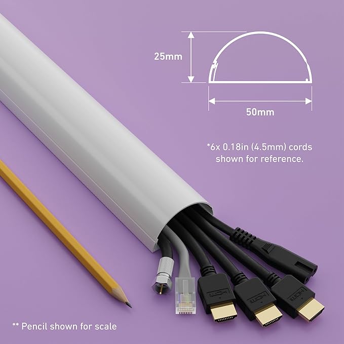D-Line Half Round Cord Hider, Patented Cable Cover, Hide TV Wall Mount Wires, Raceway for Cords, Decorative Wire Covers, Paintable, Adhesive Cable Concealer, 2X 2in W x 1in H x 39in L, White
