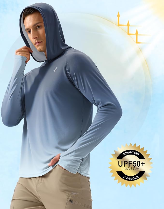 Pudolla Men's Sun Protection Hoodie Shirts UPF 50+ Rash Guard SPF Long Sleeve Fishing Shirt for Men Swim Hiking Boating