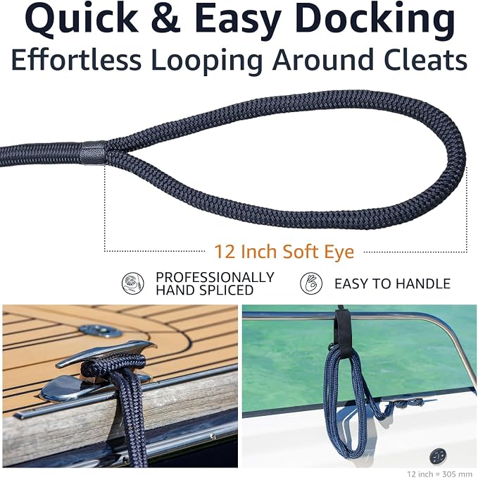 Double Braid 1/2" x 15' Boat Dock Lines (4-Pack) – Nylon Boat Ropes for Docking with 12" Spliced Eye – Heavy Duty Marine Rope – Soft & Durable Boat Lines for Pontoon and Light Boat (Navy Blue)