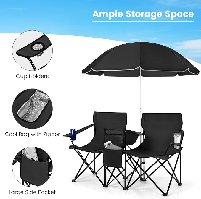 Tangkula Double Camping Chairs with Umbrella, Portable 2 Seat Folding Camp Chair with Cooler Bag, Beverage Holder, Carrying Bag, Foldable Lawn Chair for Outside, Fishing, Picnic, Beach