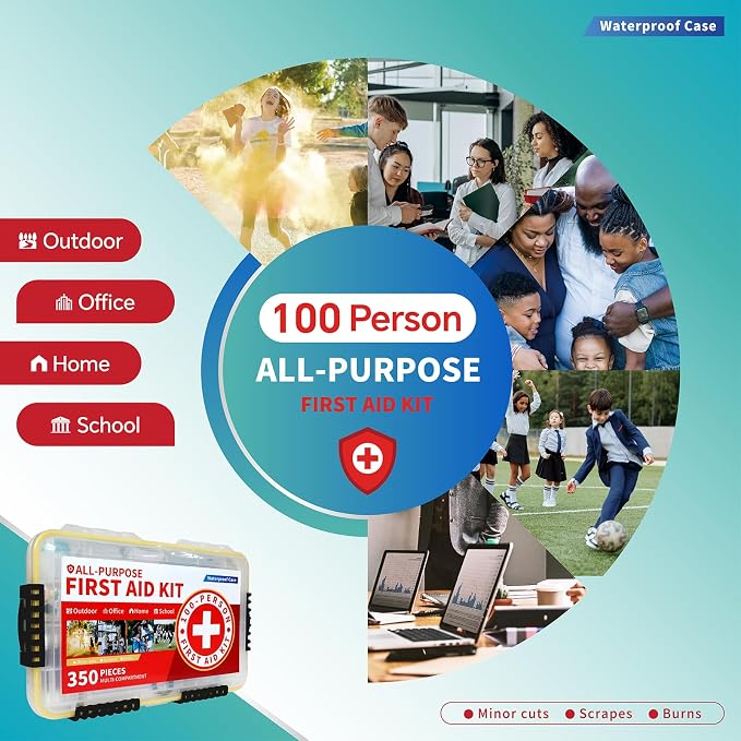 350-Piece All-Purpose 100-Person Emergency First Aid Kit – Waterproof Plastic Case | Clearly Organized for Fast Retrieval | Perfect for Home, Business, Workplace, Boat, Travel, Outdoor & Car