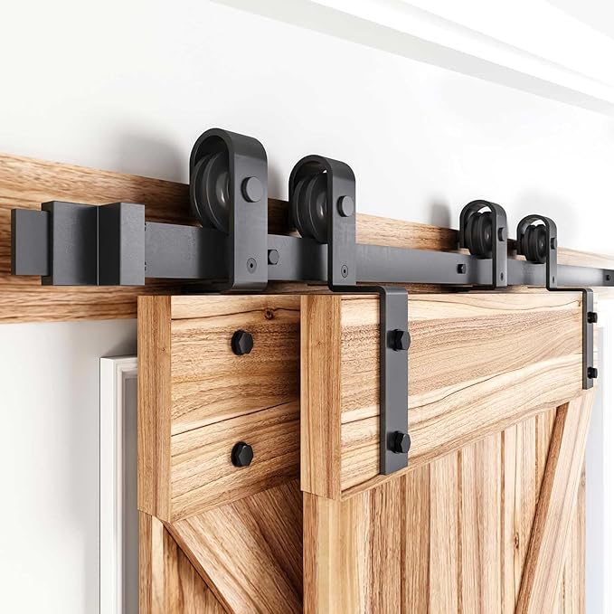 EaseLife 5.5FT Bypass Double Sliding Barn Door Hardware Kit,Single Track, Slide Smoothly Quietly, Easy Install， (5.5FT Track Kit for Double 38" Wide Door)