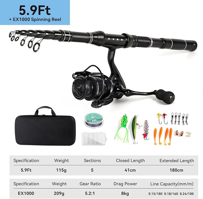 Telescopic Fishing Rod and Reel Combo, 5.9FT, 6.8FT, 7.5FT Carbon Fiber Travel Fishing Pole Full Kit with Carrier Bag & Lures, Solid Tip Portable Gear for Adults Beginners