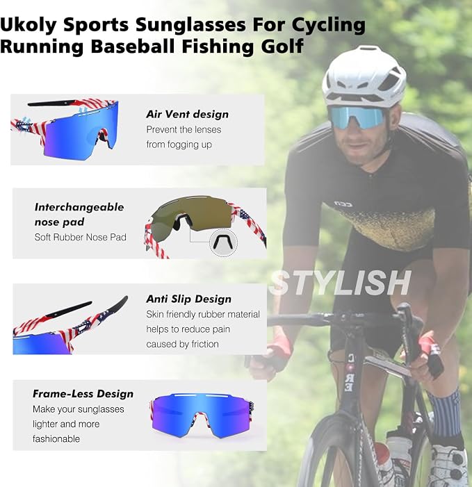 Ukoly Cycling Sunglasses for Men Women with 3 Interchangeable Lenses, Polarized Sports Sunglasses, Baseball Sunglasses