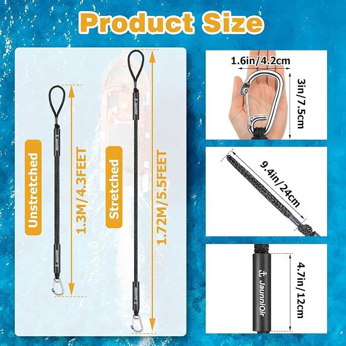 JaunniQir Bungee Dock Lines for Boats 4.3 Feet, 2 Pack Dock Lines with 316 Stainless Clips for PWC, Jet Ski, Kayak, Watercraft, Pontoon, Shock Absorbing Tie Off Downs Boat Mooring Ropes Accessories