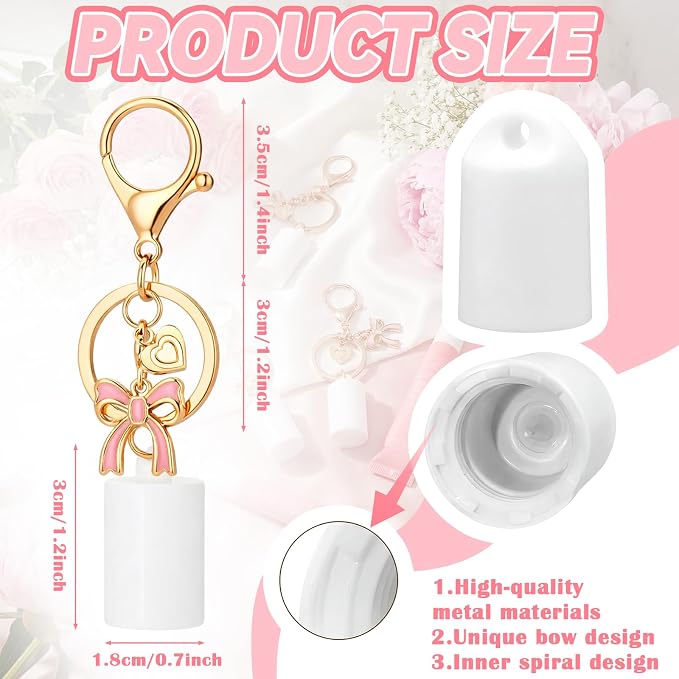 Nosiny 12 Pcs Coquette Lip Gloss Cap Keychain Bulk, Lip Balm Cap Keychain for Summer Pink Bow Party Favors for Women Girls Aesthetic Accessories