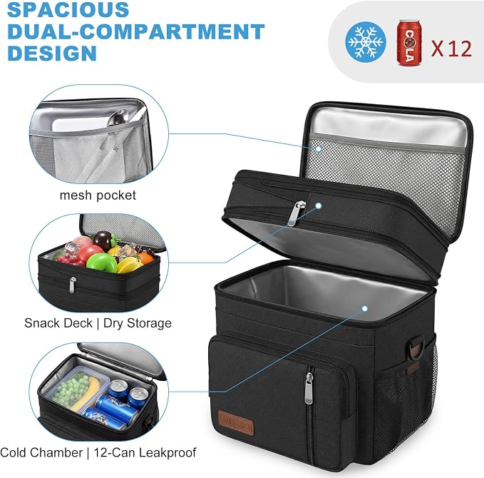 MIYCOO Lunch Bag & Lunch Box for Men Women, Double Deck Leakproof Insulated Soft Large Adult Camping Cooler bag for Work, Beach, Picnic, Travel (Black, 15L)