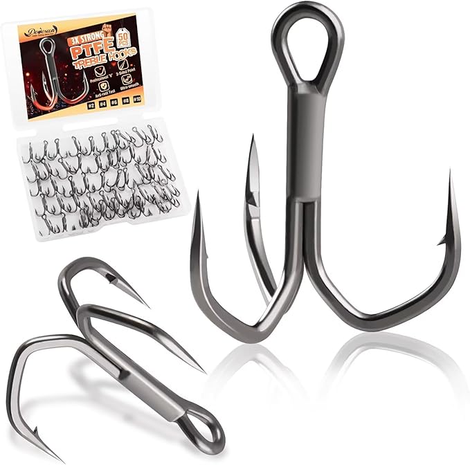 Dovesun Fishing Treble Hooks, Triple Hooks 3X Strong Professional V, 50PCS High Carbon Steel Replacement Fishing Hooks for Saltwater and Freshwater, Sizes #10#8#6#4#2